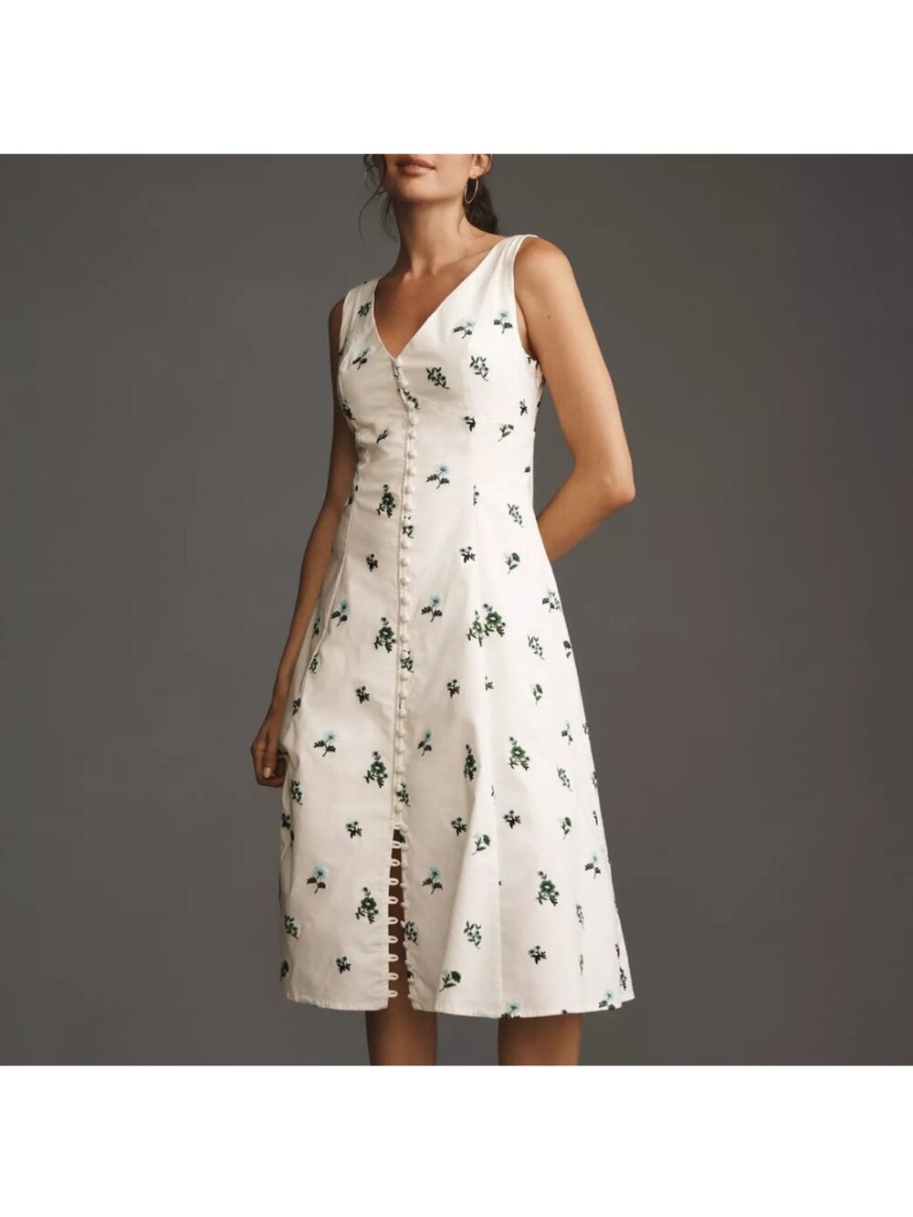 Anthropologie White Floral Button-Front Midi Dress